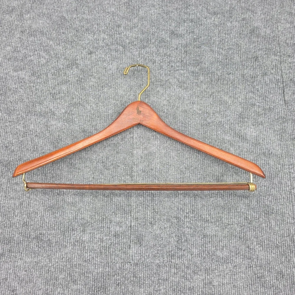 Polo Ralph Lauren Wooden Suit Hanger Brown Gold Pony Logo Brass Hook 17 Inch